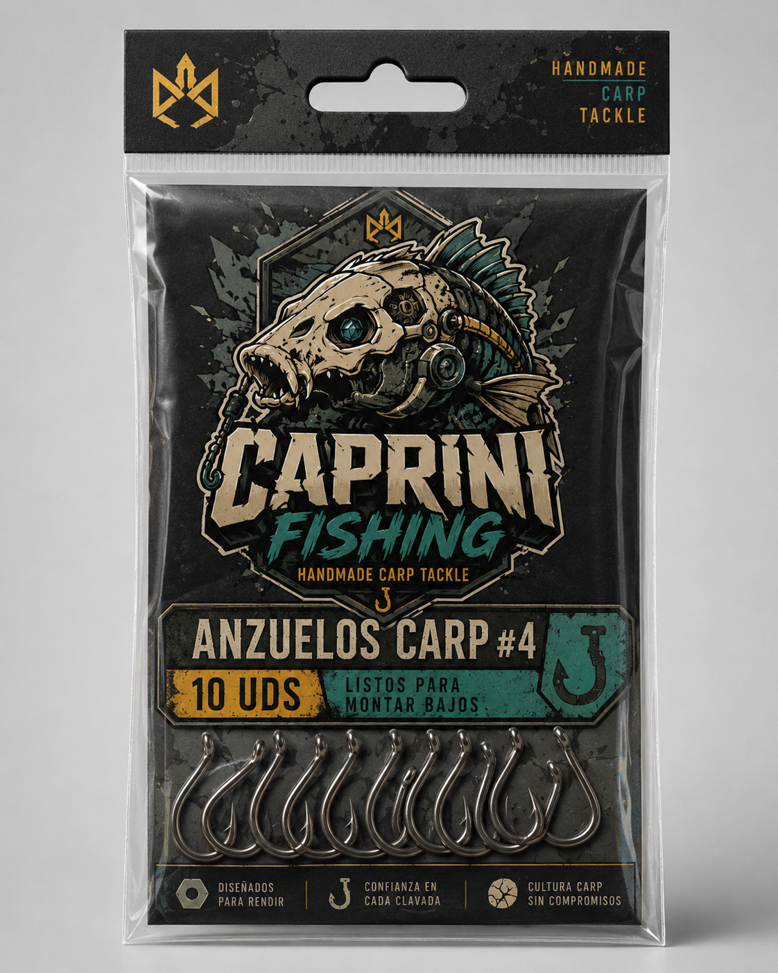Packaging frontal de anzuelos carp nº 4 incluido en el combo Caprini Fishing