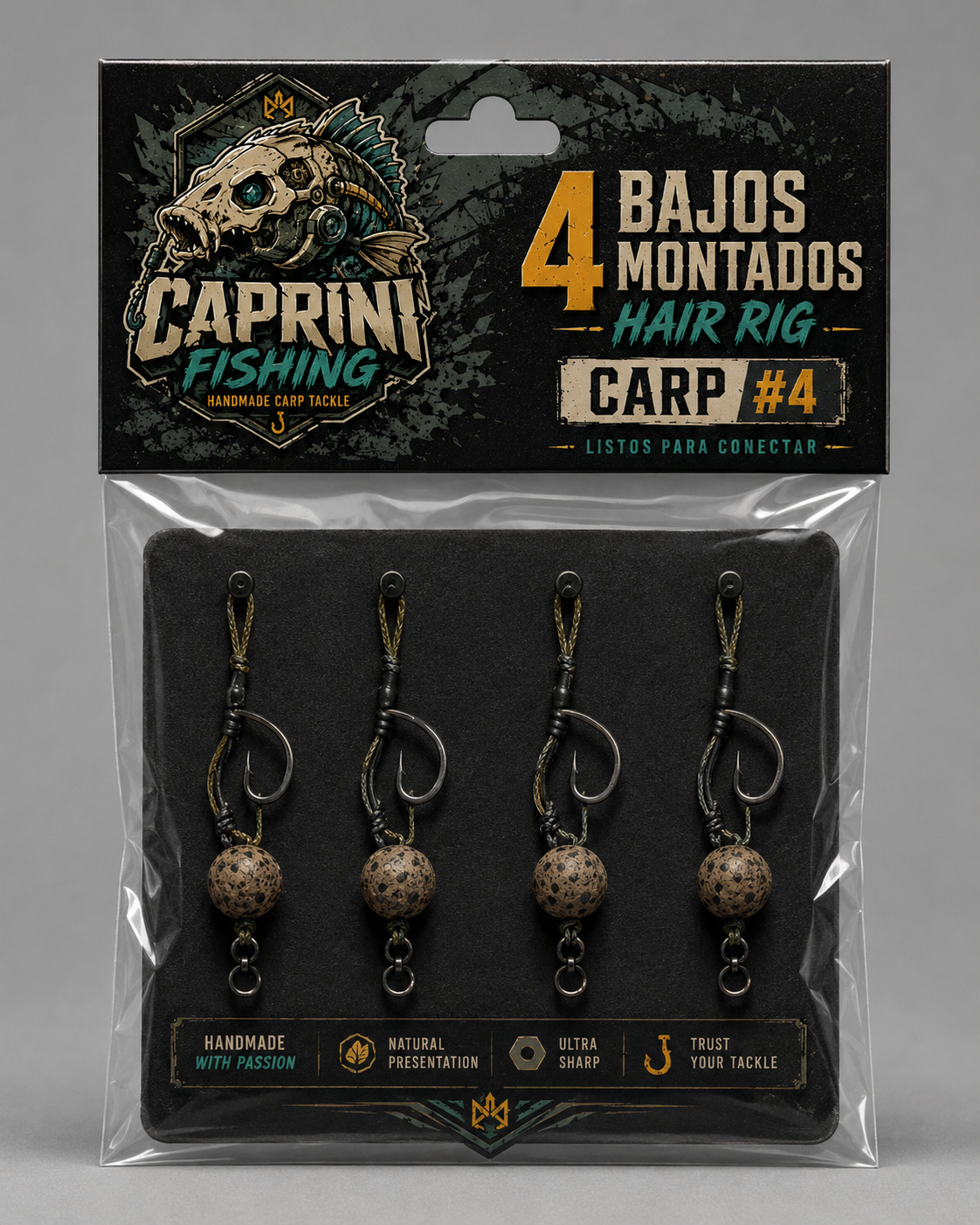 Packaging frontal de bajos montados Hair Rig nº 4 incluido en el combo Caprini Fishing